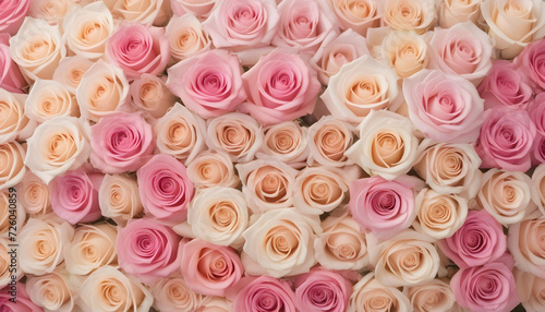 A lot of beautiful colorful roses in pale pastel colors all over the place, for a beautiful bright wall background