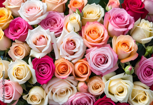 A lot of beautiful colorful roses in pale pastel colors all over the place, for a beautiful bright wall background © anmitsu