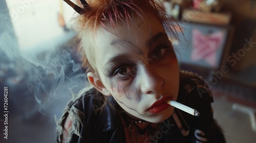 A young girl with a mohawk and bold makeup staring defiantly at the camera with a cigarette dangling from her lips.