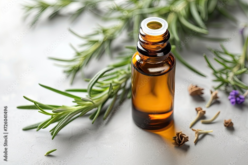 Essential oil and rosemary on light background Essential oil and rosemary on light background