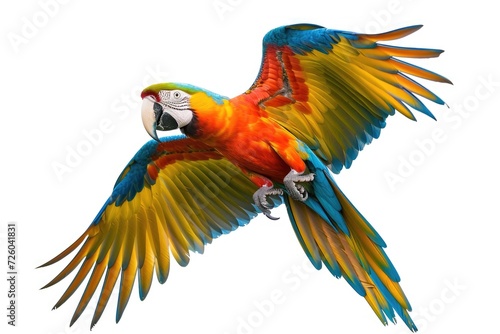 Vibrant macaw flying alone on white © VolumeThings
