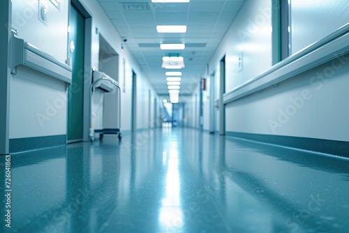 Defocused hospital corridor background empty and bright with space for text