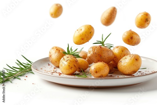 Small baked potatoes with olive oil rosemary garlic falling onto vintage plate isolated on white background