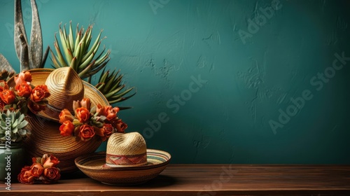 Cinco de Mayo background with hat ornaments and cactus plants for banners or posters