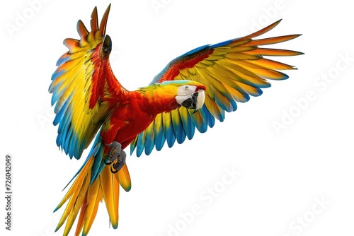 Harlequin macaw a colorful flying parrot isolated on a white background with Blue and Gold Macaw © VolumeThings