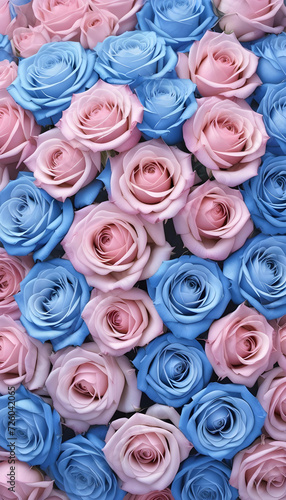 A lot of beautiful pale pastel blue and pastel pink rose flowers all over the place  for a beautiful bright wall background