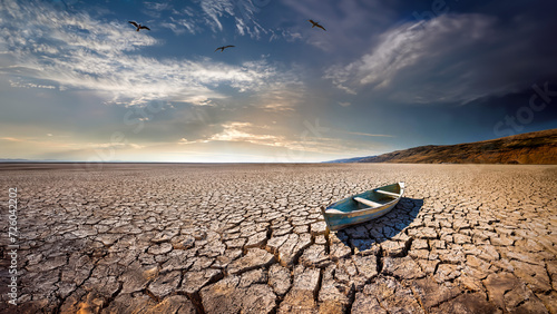Abandoned rowboat on cracked earth, dry lake bed. Drought and climate change concept. Global warming. photo