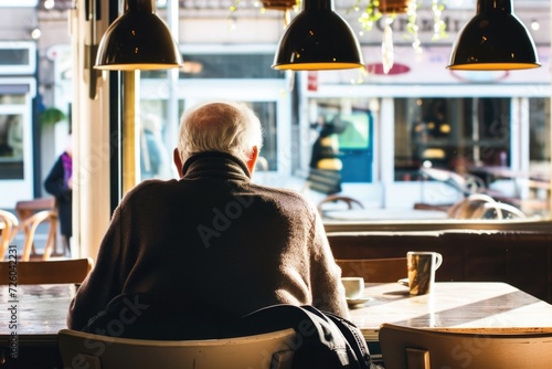 Lonely elderly man sitting in a coffee shop.
