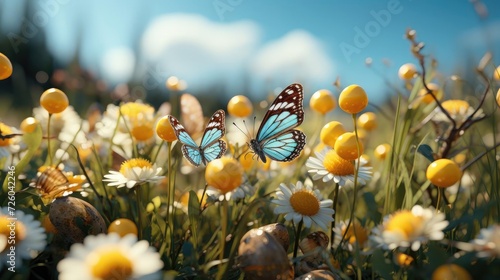 Easter day background with egg ornaments, butterflies and blurred background © GradPlanet