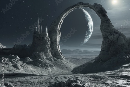 Giant stone portal on the surface of the moon, fantasy and fiction concept.
