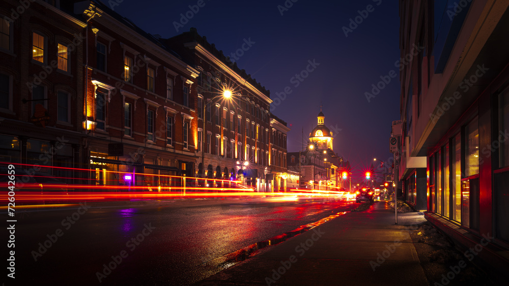 Kingston, Ontario street on a damp winter night.