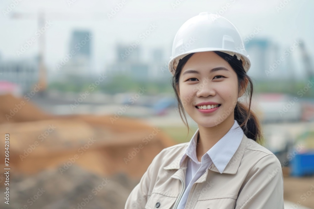 Oriental engineer woman with helmet, construction site in the background, construction concept. Oriental engineer woman with helmet, construction site in the background, construction concept.