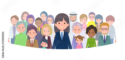 大勢の前に立つ紺ブレザー女子学生のセット