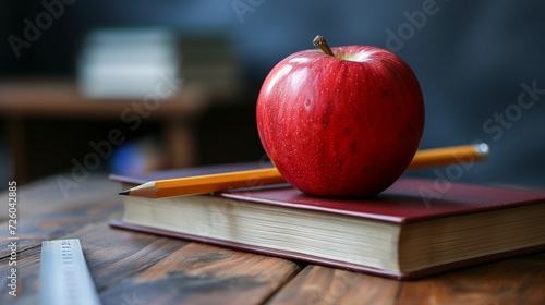 learning tools: stack of books, ruler, pencil, and apple