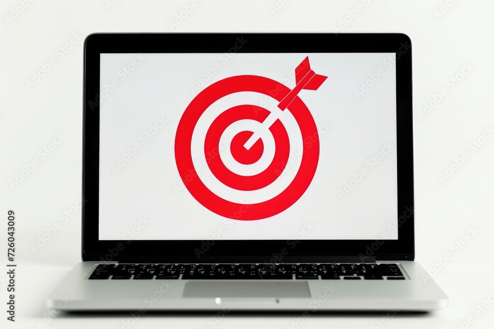 Red and white target icon on laptop screen, objectivity, business concept. Red and white target icon on laptop screen, objectivity, business concept.