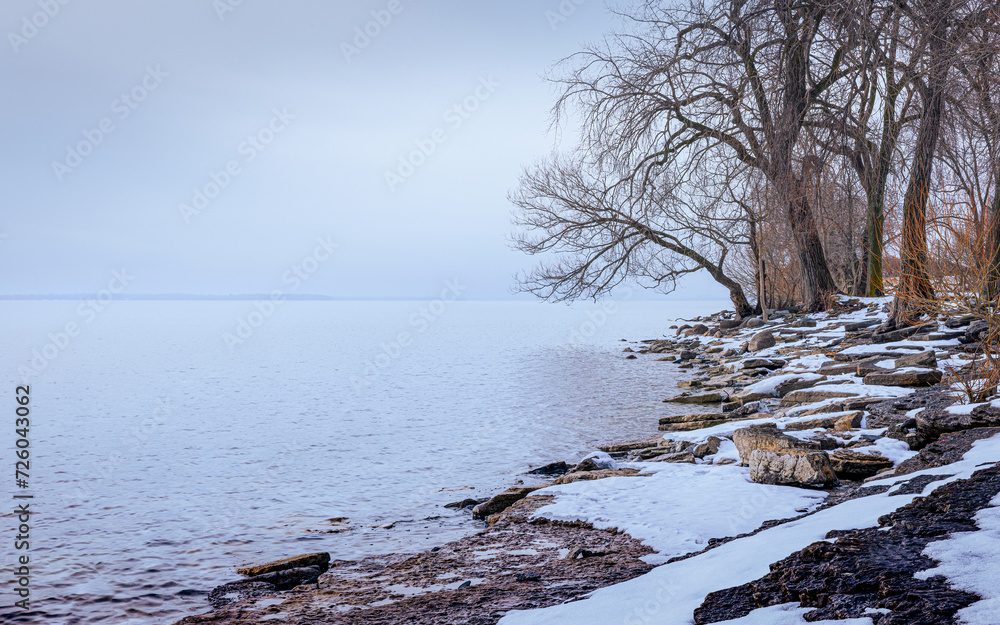 View from the edge of the St Lawrence River in winter