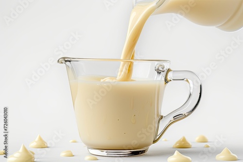 Condensed milk filled jug on a white background