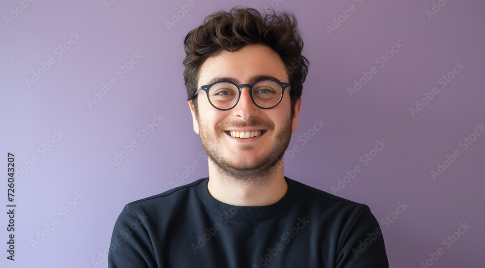a smiling man wearing glasses in front of a purple background a smiling man wearing glasses in front of a purple background
