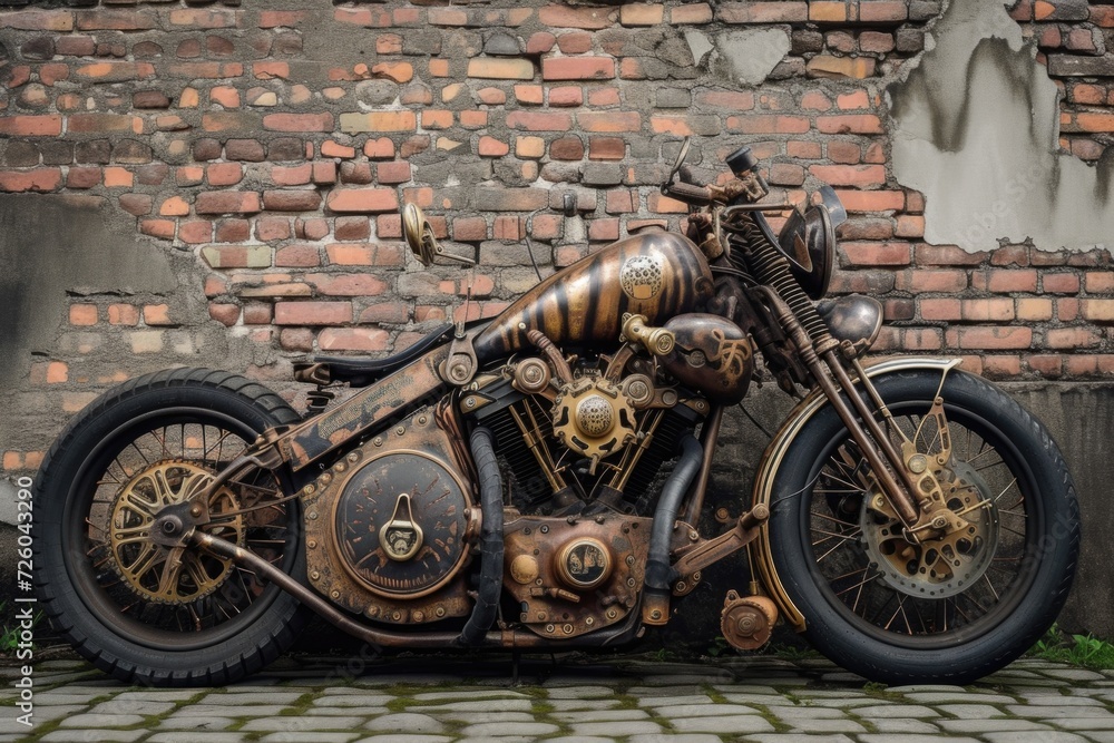 Fototapeta premium Steampunk style motorcycle, background with brick wall.