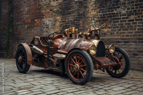 Steampunk style car, background with brick wall. © Deivison