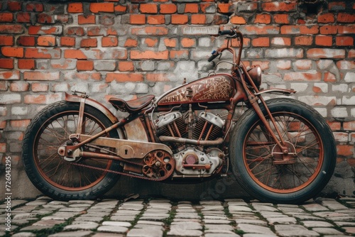 Steampunk style motorcycle, background with brick wall.