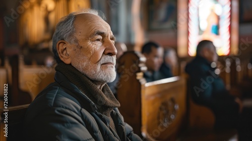 An older man sitting in a church praying for his partner who is hospitalized due to complications from HIVAIDS. photo