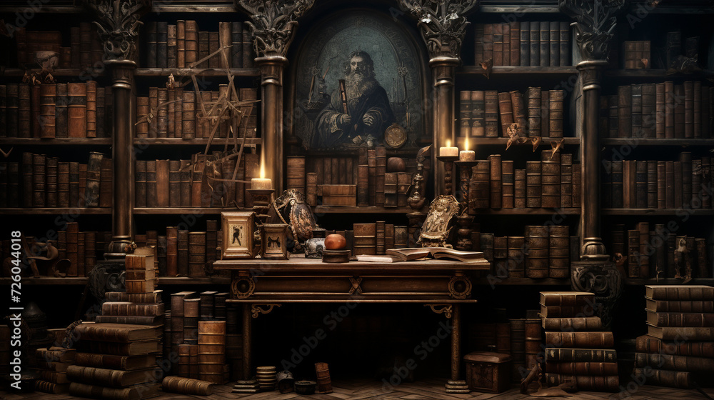 Ancient gothic library, dark and eerie library, magic medieval library full of old ancient books. Old wooden shelves holding many historical books and manuscripts. Ancient gothic library, dark and eerie library, magic medieval library full of old ancient books. Old wooden shelves holding many historical books and manuscripts.