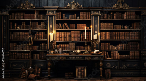 Ancient gothic library  dark and eerie library  magic medieval library full of old ancient books. Old wooden shelves holding many historical books and manuscripts.