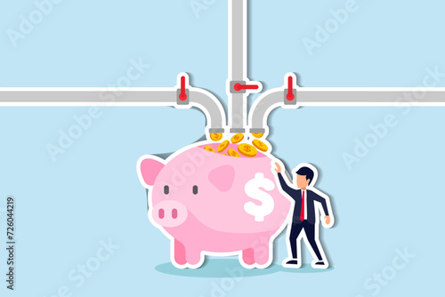 Multiple streams of income, passive income or revenue from invest in multi assets, side hustles to make money concept, rich businessman standing with multi cash flow from pipe into wealthy piggy bank.