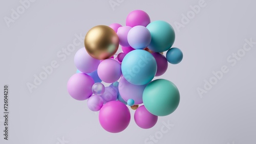 3d render, abstract modern geometric wallpaper. Pink blue and gold assorted balls. Lump made of chaotic multicolored particles stick together, isolated on white background © wacomka