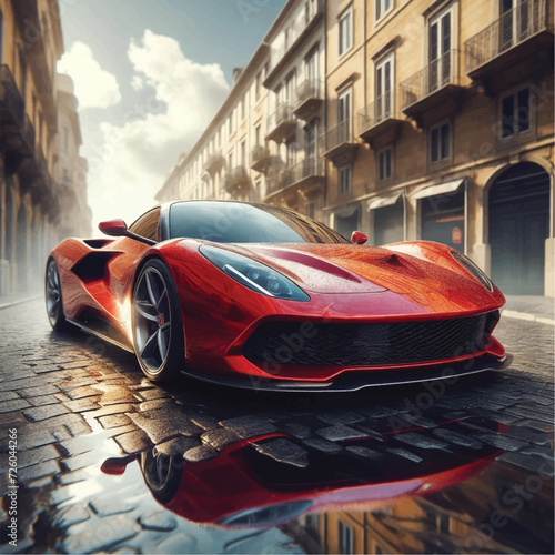 Red supercar on cobbled road