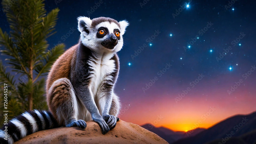 Fototapeta premium Lemur enthusiastically watches the races on the tree