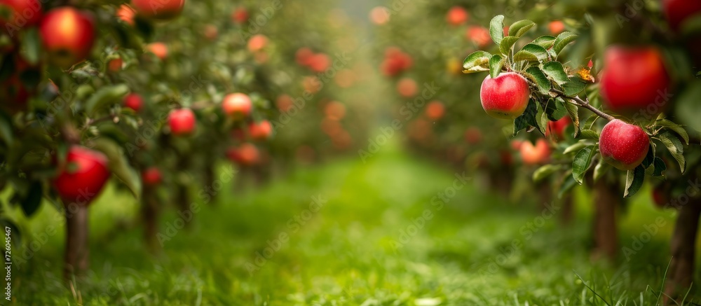 In an apple orchard at the end of summer, ripe red apples grow on fruit trees with espaliers, while fresh green grass fills the spaces between the rows.