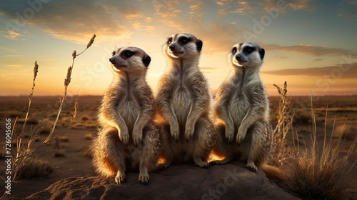 Photo of curious meerkats standing upright generated by AI