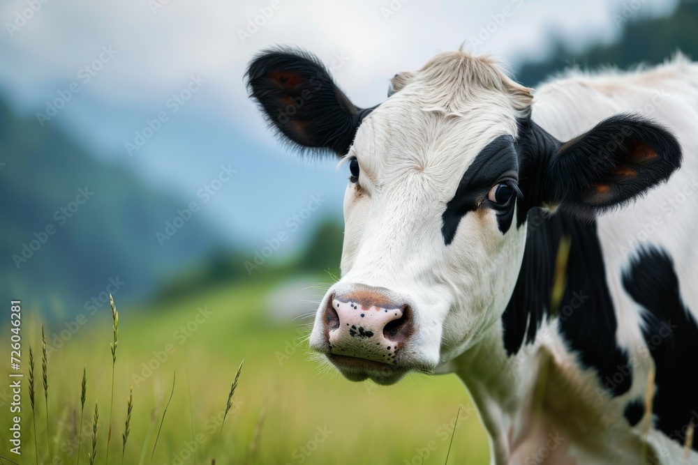 Cow on green field with blue sky background.