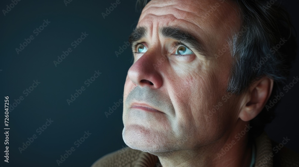 A middleaged man with a furrowed brow lost in introspection. A middleaged man with a furrowed brow lost in introspection.