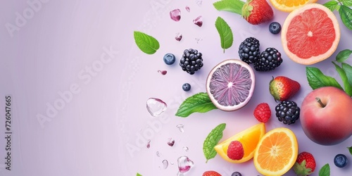 Fruits and berries with water drops on purple background.