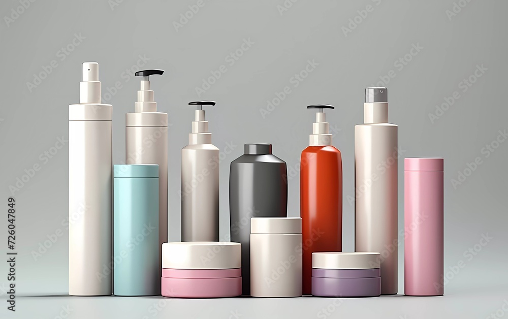 3d illustration Cosmetic packages set realistically with isolated icons of empty plastic containers. generative ai 3d illustration Cosmetic packages set realistically with isolated icons of empty plastic containers. generative ai
