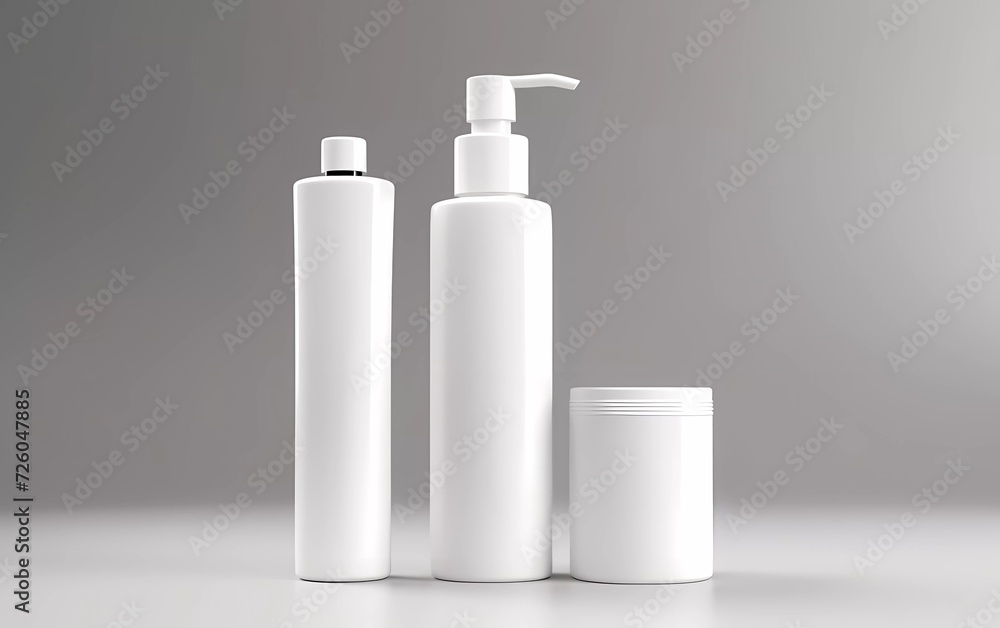 3d illustration of empty and clean white plastic containers: bottle with spray, dispenser and dropper, cream jar, tube. Cosmetic package. generative ai 3d illustration of empty and clean white plastic containers: bottle with spray, dispenser and dropper, cream jar, tube. Cosmetic package. generative ai