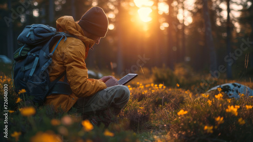 Explorer with backpack using a tablet in a forest at sunset, blending technology with the tranquility of nature.