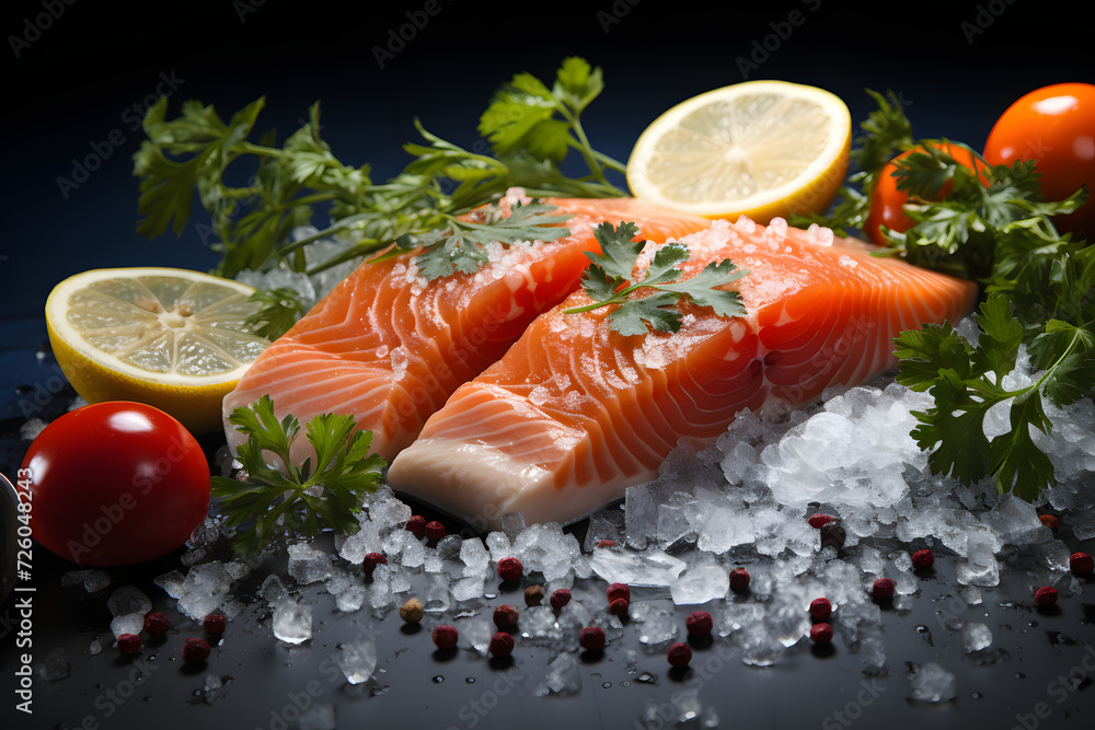 fresh fillet of red fish with herbs and lemon. meat diet. healthy food. fresh fillet of red fish with herbs and lemon. meat diet. healthy food.