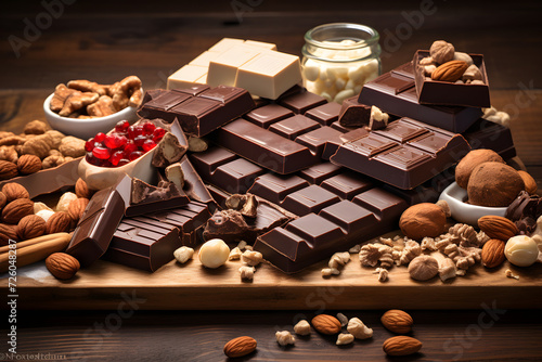 set of options for pieces of chocolate bars with different nuts. dessert food.