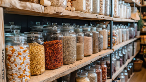 A variety of legumes and cereals displayed in transparent jars on shelves, showcasing an organized and sustainable pantry selection.