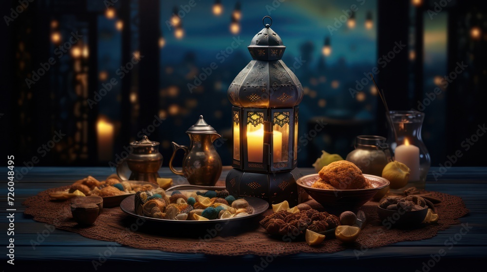 Candle lantern decoration, with sweet dates. Islamic holiday Ramadan Kareem ornament wallpaper background.	
