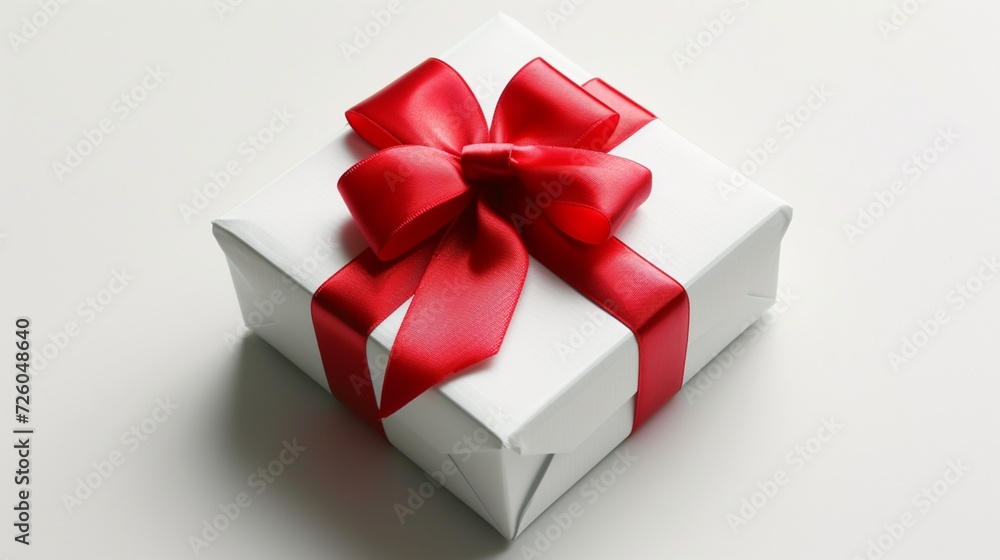 A white gift box with a red ribbon bow, isolated on a white background A white gift box with a red ribbon bow, isolated on a white background