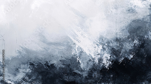 Monochromatic abstract painting showcasing textured brush strokes in shades of gray, white, and black.