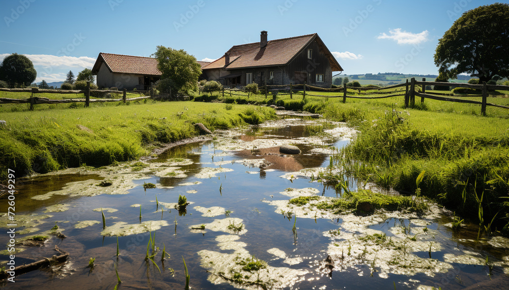 Obraz premium Tranquil meadow reflects green mountains, rustic hut under blue sky generated by AI