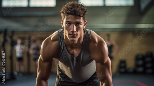A focused scene featuring a handsome young sportsman warming up for his gym workout