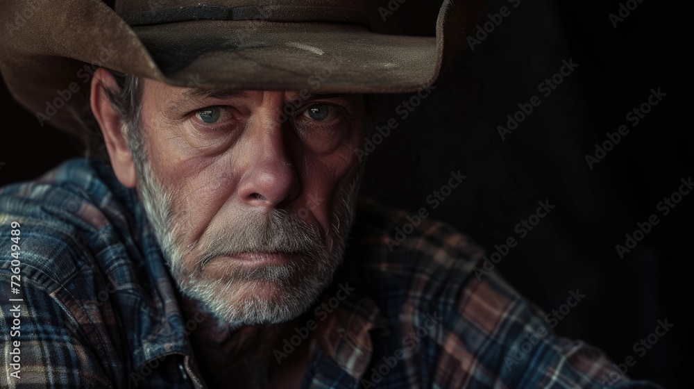 A middleaged man with a cowboy hat and boots representing the western lifestyle. A middleaged man with a cowboy hat and boots representing the western lifestyle.