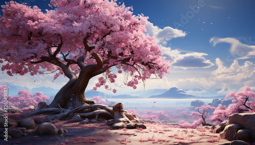 A pink cherry blossom tree stands in a beautiful mountain landscape generated by AI